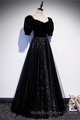 Modest Sparkly Black Long A-line Semi Formal Prom Dresses With Sleeves Evening Gowns